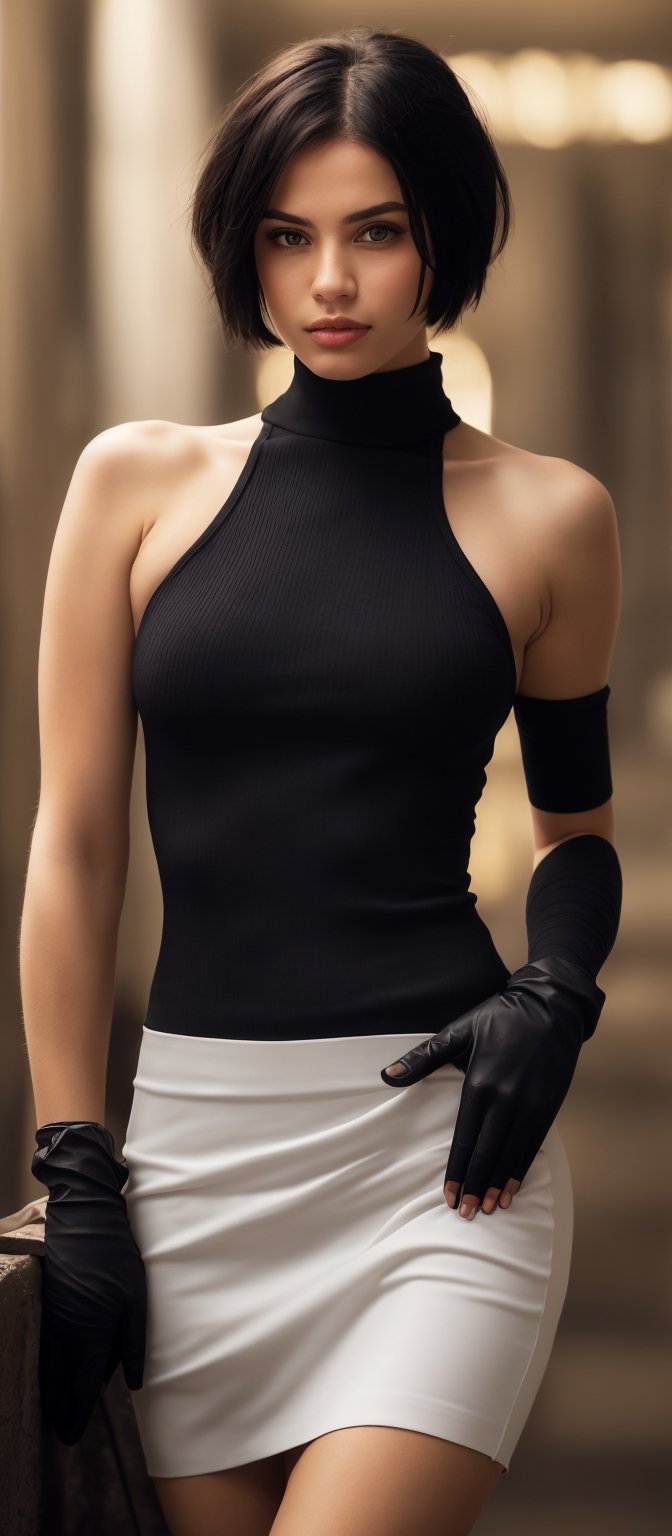 Generate hyper realistic image of a woman with short black hair and bare shoulders, standing confidently in a sleek skirt and sleeveless turtleneck, her parted lips hinting at a hidden allure, as she gazes directly at the viewer with an enigmatic allure, her black elbow gloves adding a touch of elegance to the cowboy shot composition against a subtly blurry background.