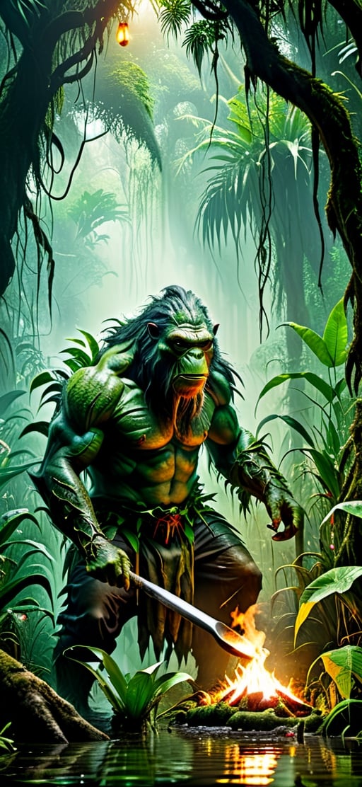  create a photo realistic image of scary looking jungle monster cooking human in the swamp, sharp focus, high detailed.