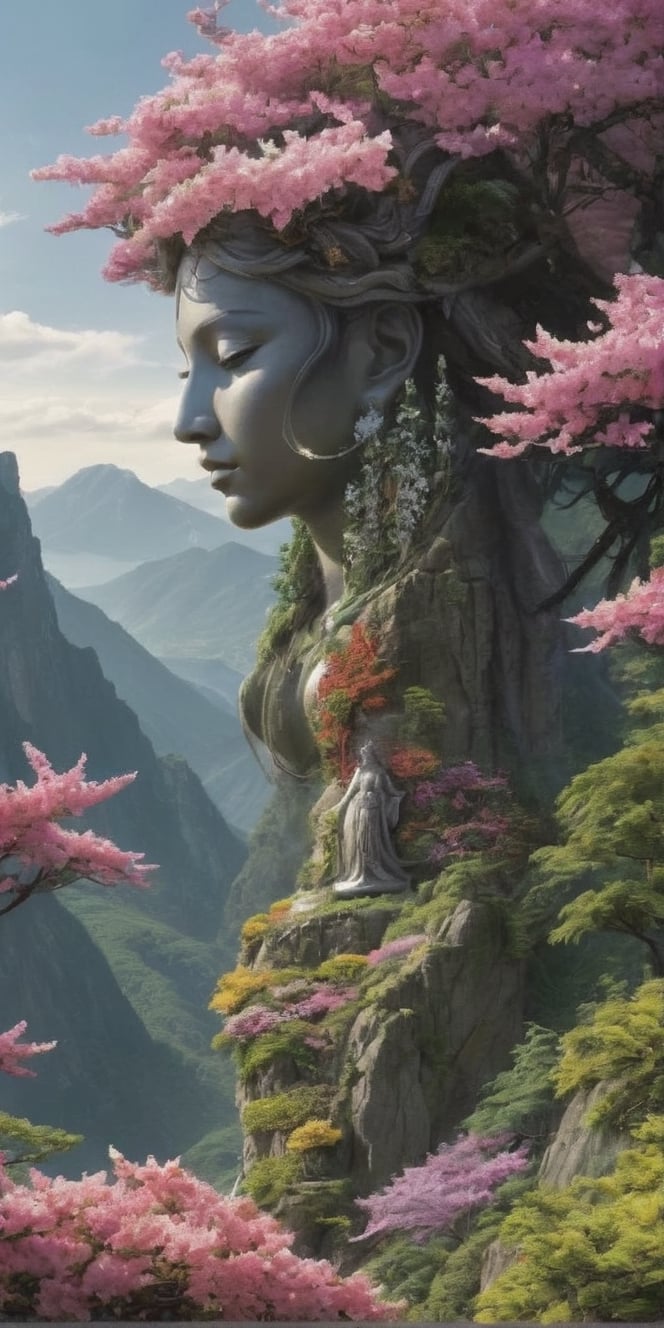 Generate hyper realistic image of a nurturing goddess intertwined with the natural world, adorned with blooming flowers, lush forests, and craggy mountains, symbolizing the grounding and life-giving essence of earth.