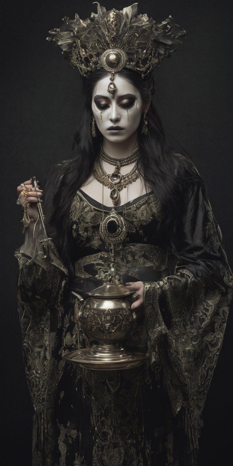 Generate hyper realistic image of a woman adorned with eerie accessories, carrying a vessel that captures the essence of souls, symbolizing her role as a collector of the departed in a grim and supernatural world.