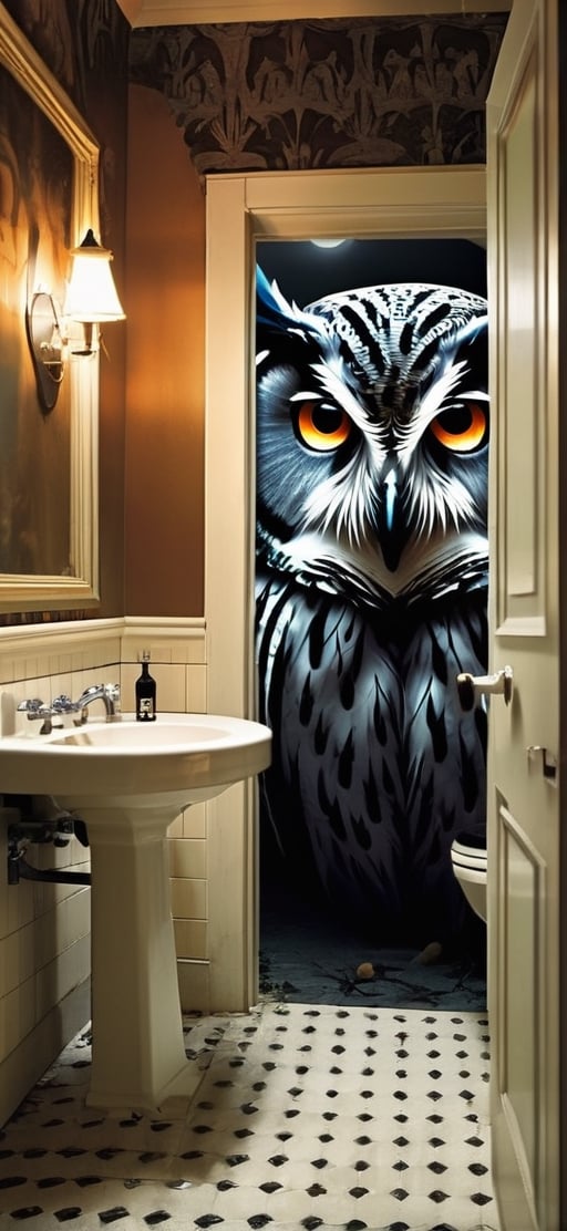  create a owl scaring the viewer in  ghostly decoratedwashroom,spoooky and scary mood.halloween,monster,more detail XL,hallow33n,horror,1 girl