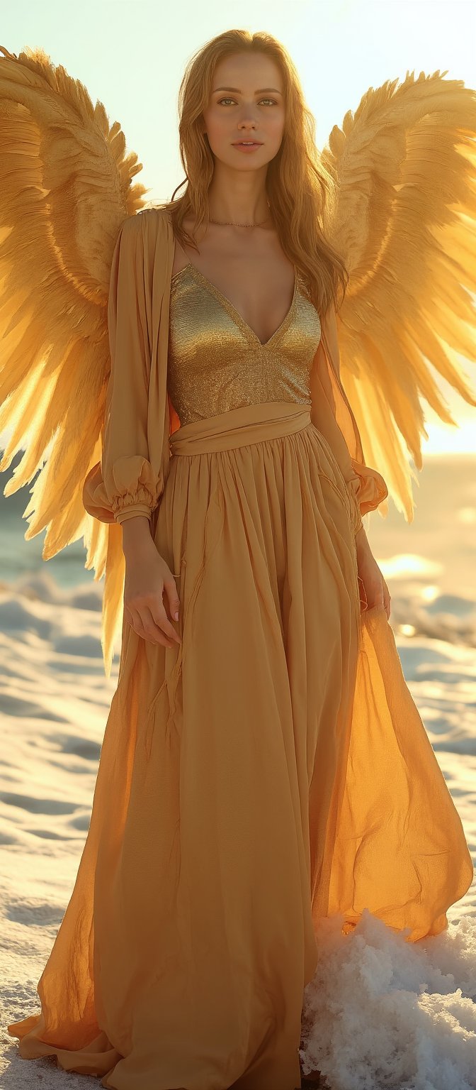 Generate hyper realistic image of a beautiful female angel standing straight, with ong, flowing, blonde hair that cascades down her back and shoulders. She has a fair complexion with delicate and well-defined features. Her expression is calm and serene. She is wearing a gold, shimmering top and matching gold skirt is high-waisted and also shimmers, with flowing fabric. Her large, golden wings are beautifully detailed with feathers. The background features a serene beach setting with waves gently crashing onto the shore. The lighting is warm and golden, enhancing the overall ethereal and heavenly atmosphere.