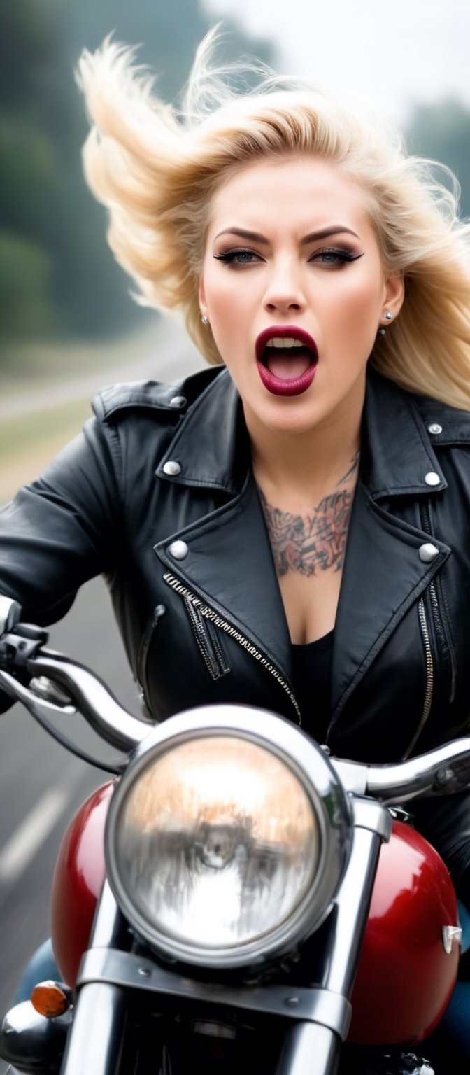 Generate hyper realistic image of a roaring motorcycle, a fierce woman with a facial tattoo exudes an aura of rebellion as she speeds down the open road. Her blonde hair flows freely behind her, contrasting with the dark lipstick that adorns her closed lips. With a confident grip on the handles, she glances over her shoulder, her piercing gaze meeting yours for a moment before she turns her attention back to the open highway.