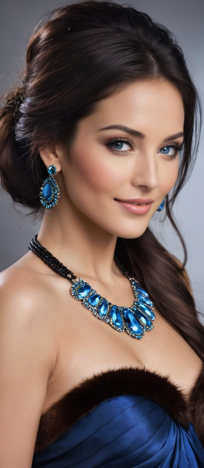 Generate hyper realistic image of a beautiful native woman with dark brown hair cascading down her back, looking directly at the viewer with a gentle smile. She has striking blue eyes and is wearing a black strapless dress paired with a brown fur coat draped over her shoulders. Her neck is adorned with a multi-colored necklace, composed of blue stones arranged in a circular pattern. The setting is a dark room that highlights the elegance of her attire and the vividness of the necklace.