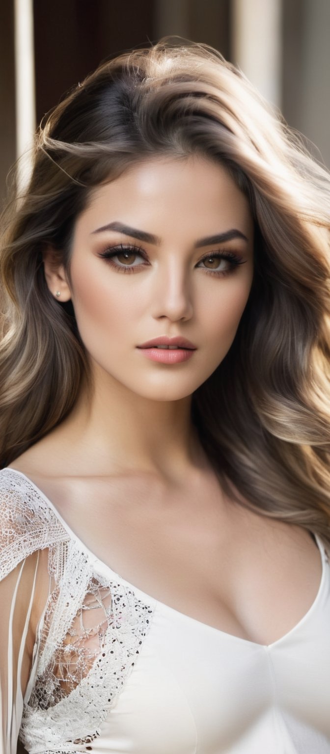 Generate hyper realistic image of a woman with a striking and provocative appearance. She has long, voluminous brown hair with loose waves. The hair is parted slightly off-center, framing her face and giving her a soft, natural look. She has a delicate and youthful face with subtle makeup. Her eyes are slightly downcast, giving her a serene expression. She is wearing a cropped white long-sleeve top with a unique design. The top has a cut-out detail in the middle, held together by thin, criss-crossing strings. he is wearing a high-waisted, pleated beige mini-skirt. The skirt is short. She has on a pair of strappy, nude-colored heels that wrap around her ankles. 