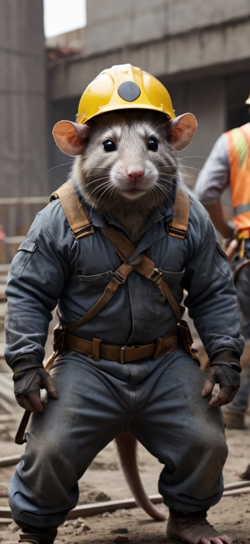  create a Bunch of rat with men body working in construction site, visible tails, wearing work safety outfit and helmet, , sharp focus, . ,Movie Still,more detail XL