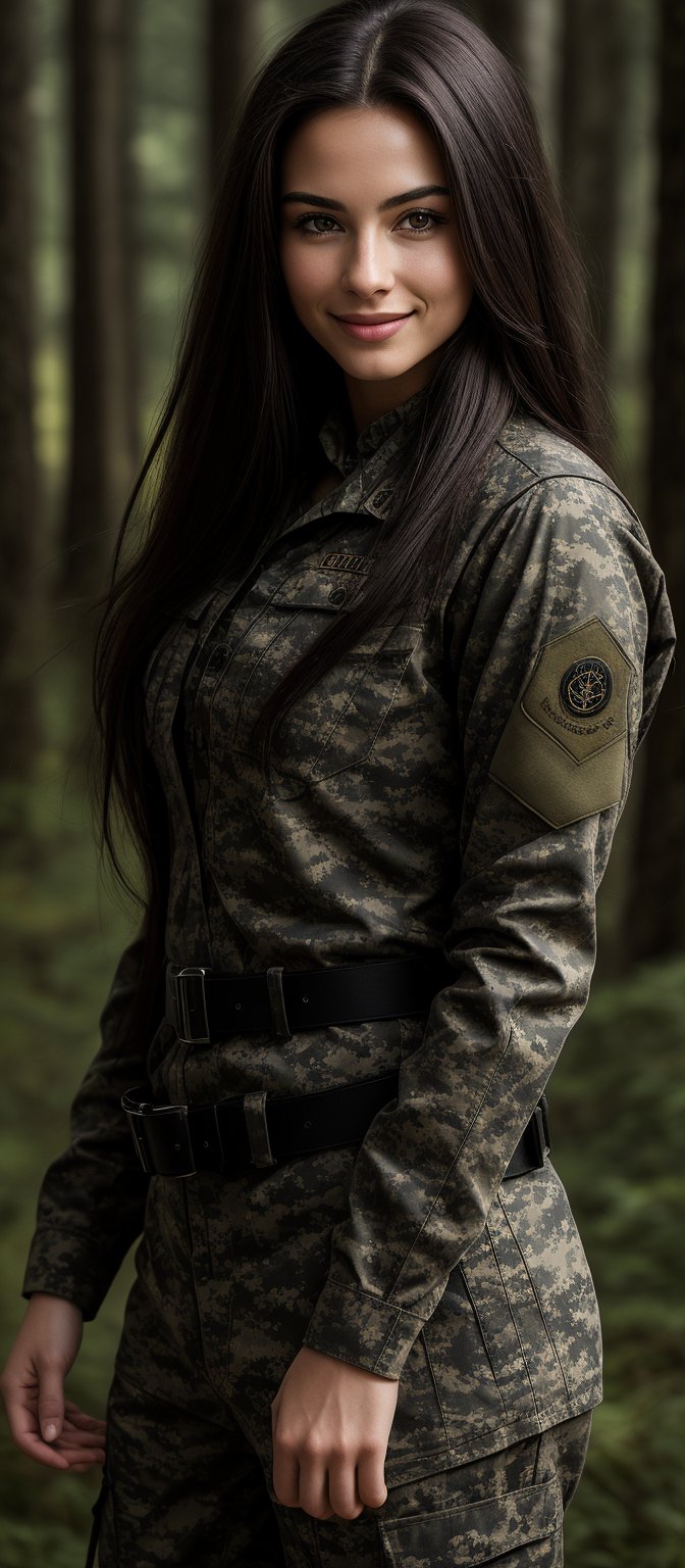 Generate hyper realistic image of a woman with long, straight, dark brown hair that flows freely down her back. She is wearing a full military uniform in camouflage pattern, which includes a long-sleeved shirt and matching pants. The uniform fits snugly, emphasizing her curves. The outfit is complete with a belt and insignia on her sleeve. She has teasing smile while gazing at the wiewer. The background is set in forest.