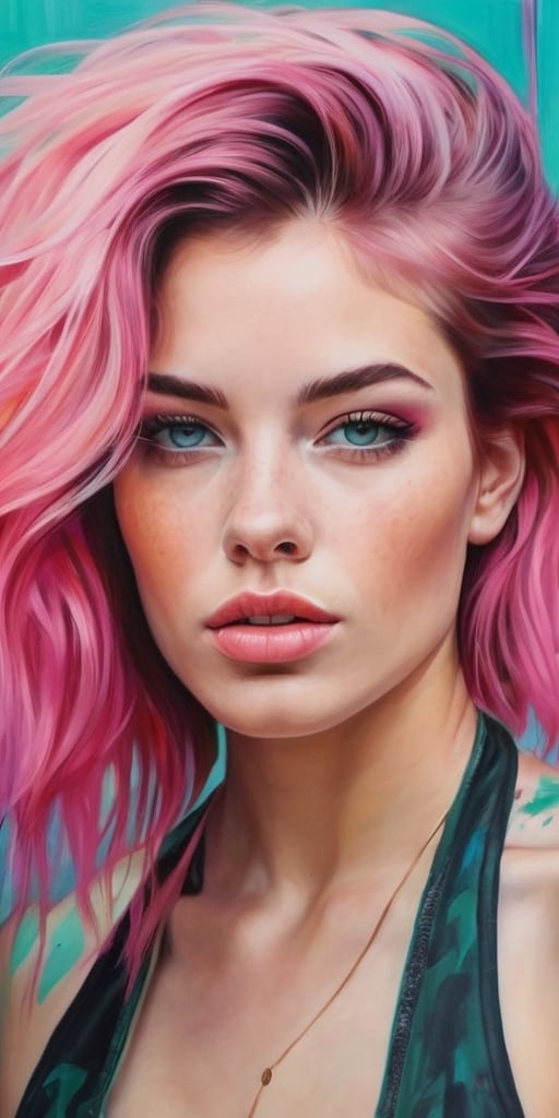 Generate hyper realistic image of  a young woman with vibrant, unconventional hair colors like shades of pastel pink and teal, expressing her artistic spirit while painting in an eclectic urban art studio filled with vibrant canvases.Extremely Realistic, up close, 