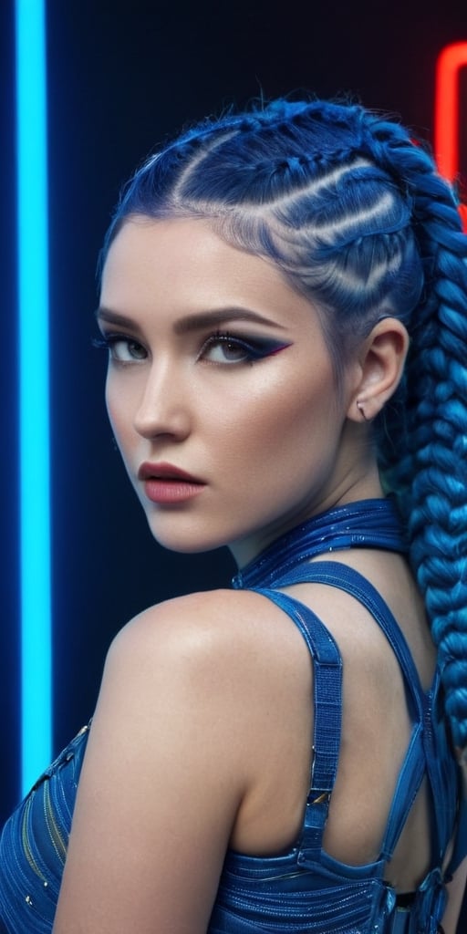 Generate hyper realistic image of a woman with electric blue braided hair, wearing a futuristic-inspired outfit, posing against a backdrop of neon lights and cyberpunk aesthetics. The bold and avant-garde setting is highlighted in a fashion editorial style..highly detailed, sharp focus.8k,photography style,Extremely Realistic,Sexy