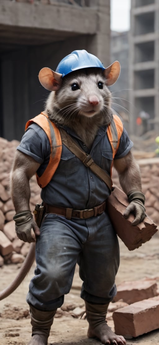  create a Bunch of rat with men body.carrying bricks    in construction site, visible tails, wearing work safety outfit and helmet, , sharp focus, . ,Movie Still,more detail XL