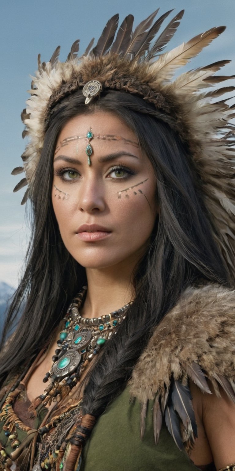 Generate hyper realistic image of a Nordic shaman dressed in earthy tones, her long, ebony hair adorned with feathers. With deep forest-green eyes, she stands atop a mountain, communing with nature and invoking the spirits of the ancient land. upper body shot,Extremely Realistic