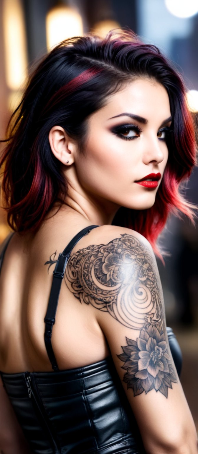 Generate hyper realistic image of a woman with a striking appearance. The woman is turned slightly to the side, giving a profile view that highlights the intricate details of her tattoo. Her expression is neutral, yet there is a hint of intensity in her gaze. Her hair is styled in a modern way, with a mix of black and red strands. The hair is tousled and has a slight windblown effect.  Her eyes are accentuated with dark eyeliner and eyeshadow, while her lips have a natural, glossy look. he is dressed in a strapless outfit, revealing her shoulders and the upper part of her chest. The outfit is made of a sleek, leather material. Her tattoo covers her shoulder and extends down her arm. The tattoo is a detailed and intricate demon design. The background is dark, with a focus on the woman illuminated by soft lighting. This lighting highlights the details of her tattoo and her facial features.