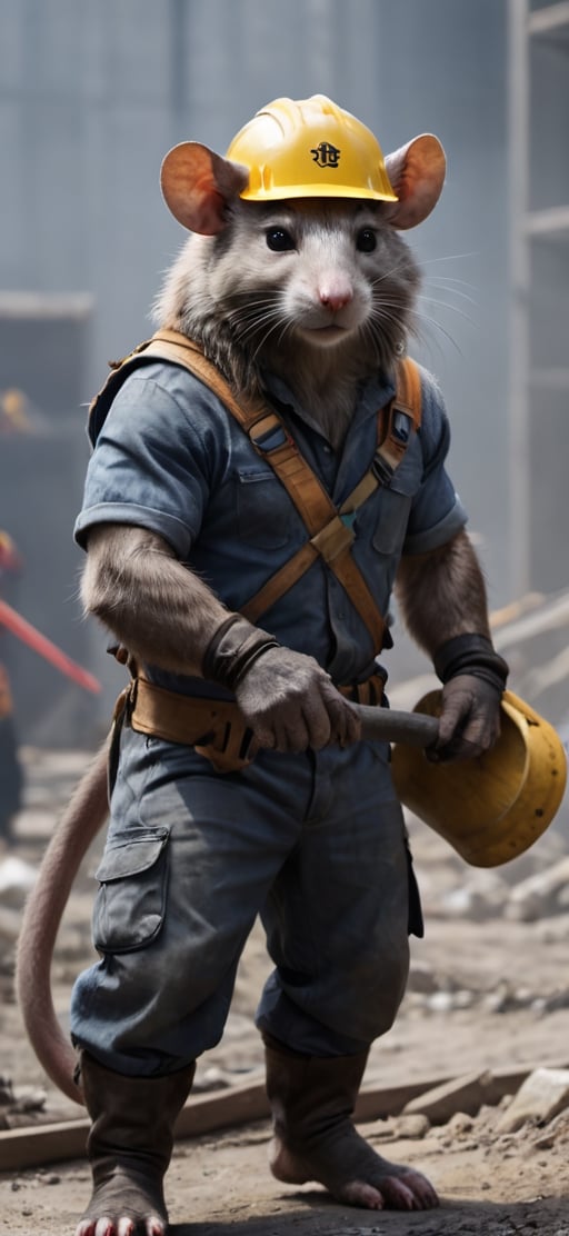  create a Bunch of rat man working in construction site, visible tails, wearing work safety outfit and helmet, , sharp focus, . ,Movie Still,more detail XL