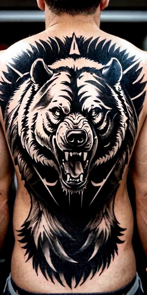 Generate hyper realistic tattoo on a man's back with a fierce grizzly bear, captured in a highly detailed, black-and-white, photorealistic style. The bear's mouth is open in a roar, showing its sharp teeth and the inside of its mouth, which adds to the aggressive and powerful impression. The eyes are intense and focused, conveying a sense of ferocity. The front paw of the bear is raised and extended forward, with long, sharp claws clearly visible. This positioning suggests an attack stance, adding to the action and intensity of the image. The fur of the bear is intricately detailed, with individual strands and varying shades of gray to create depth and realism. The texture of the fur contrasts with the smooth, dark areas of the mouth and nose. The background is abstract and blurry, composed of various shades of gray and white that suggest motion or a natural environment, like a forest.,FuturEvoLabTattoo,Andrew