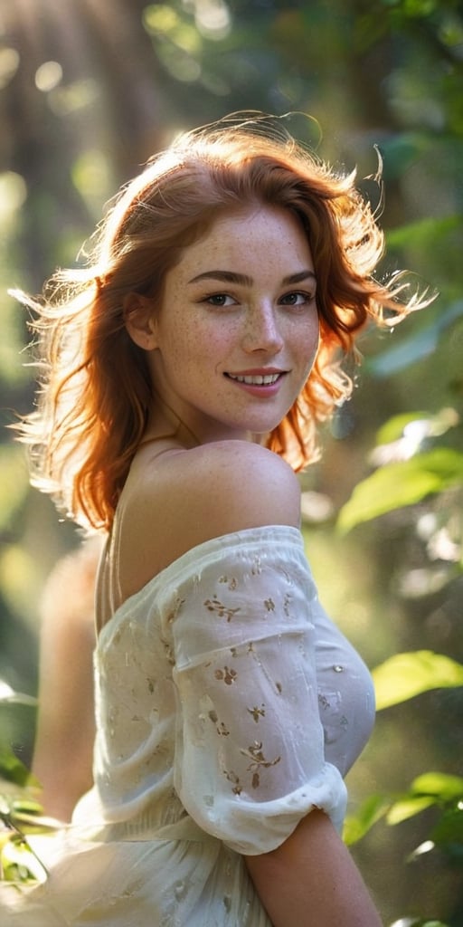 Generate hyper realistic image of a confident model with a freckled complexion and a captivating smile, her waist-up posed against a backdrop of a sunlit forest, the golden rays of light filtering through the foliage, accentuating her beauty.