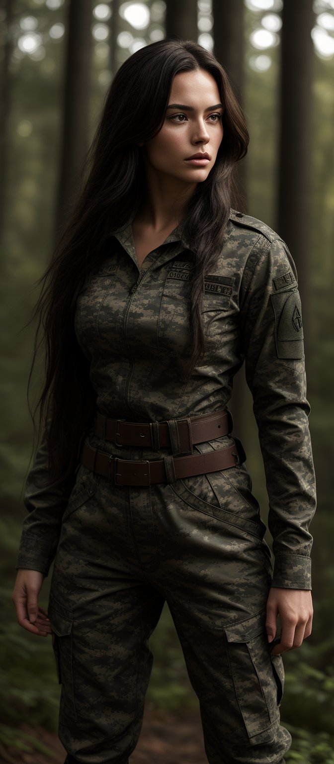 Generate hyper realistic image of a woman with long, straight, dark brown hair that flows freely down her back. She is wearing a full military uniform in camouflage pattern, which includes a long-sleeved shirt and matching pants. The uniform fits snugly, emphasizing her athletic and curvaceous figure. The outfit is complete with a belt and insignia on her sleeve. The setting is in forest.