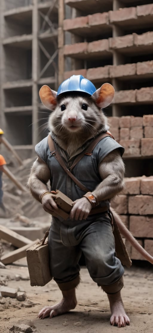  create a Bunch of rat with mens body.carrying bricks    in construction site, visible tails, wearing work safety outfit and helmet, , sharp focus, . ,Movie Still,more detail XL