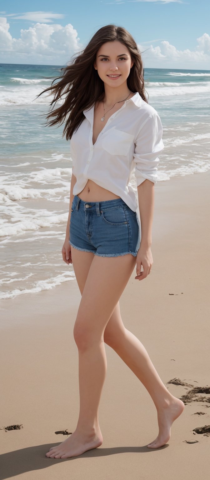 Generate hyper realistic image of a woman with long, flowing brown hair sits on the sandy beach, her blue eyes glistening as she looks directly at the viewer with a warm smile. Her slim waist and full body are accentuated by a white shirt and denim shorts, showcasing her long legs and bare feet. The ocean waves gently kiss the shore behind her, adding a serene backdrop to the picture-perfect moment.