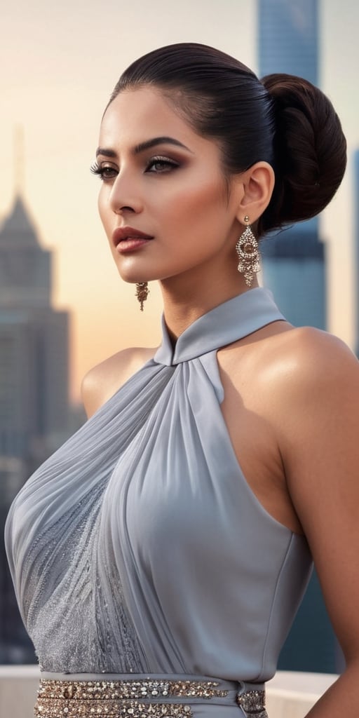 Generate hyper realistic image of a scene featuring a cosmopolitan and sophisticated Arab woman with a sleek updo, dressed in elegant modern attire, attending a high-profile fashion show with a glamorous city skyline as the backdrop.Extremely Realistic, up close, 