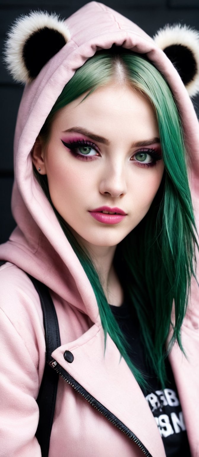 Generate hyper realistic image of a rebellious beauty with long, pink hair cascading over her shoulders. Her piercing green eyes meet the viewer's gaze with defiance, framed by stylish bangs. Pale skin accentuates her dark eyelashes and pink lips, while black makeup and nails add an edgy allure. Dressed comfortably, she wears a hoodie with a playful panda design, complete with a zipper and a mischievous smile.