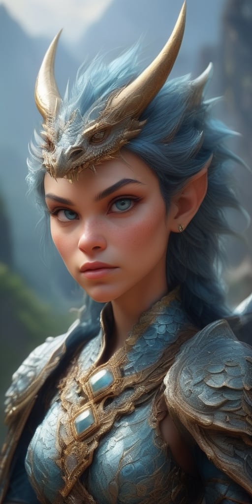 Generate hyper realistic image of an azure dragoon champion, a female warrior with dragon-like armor and a tail wielding a spear. The background could showcase a fantastical kingdom or a citadel perched on a mountain..up close, portrait,<lora:659095807385103906:1.0>