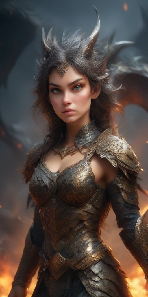 Generate hyper realistic image of a fierce female warrior with dragon scales covering her armor, wings unfurled in battle-ready glory, and a dragon tail emerging from the armor. The background could depict a battlefield or a mythical realm.more detail XL,Dragon,Sci-fi ,<lora:659095807385103906:1.0>