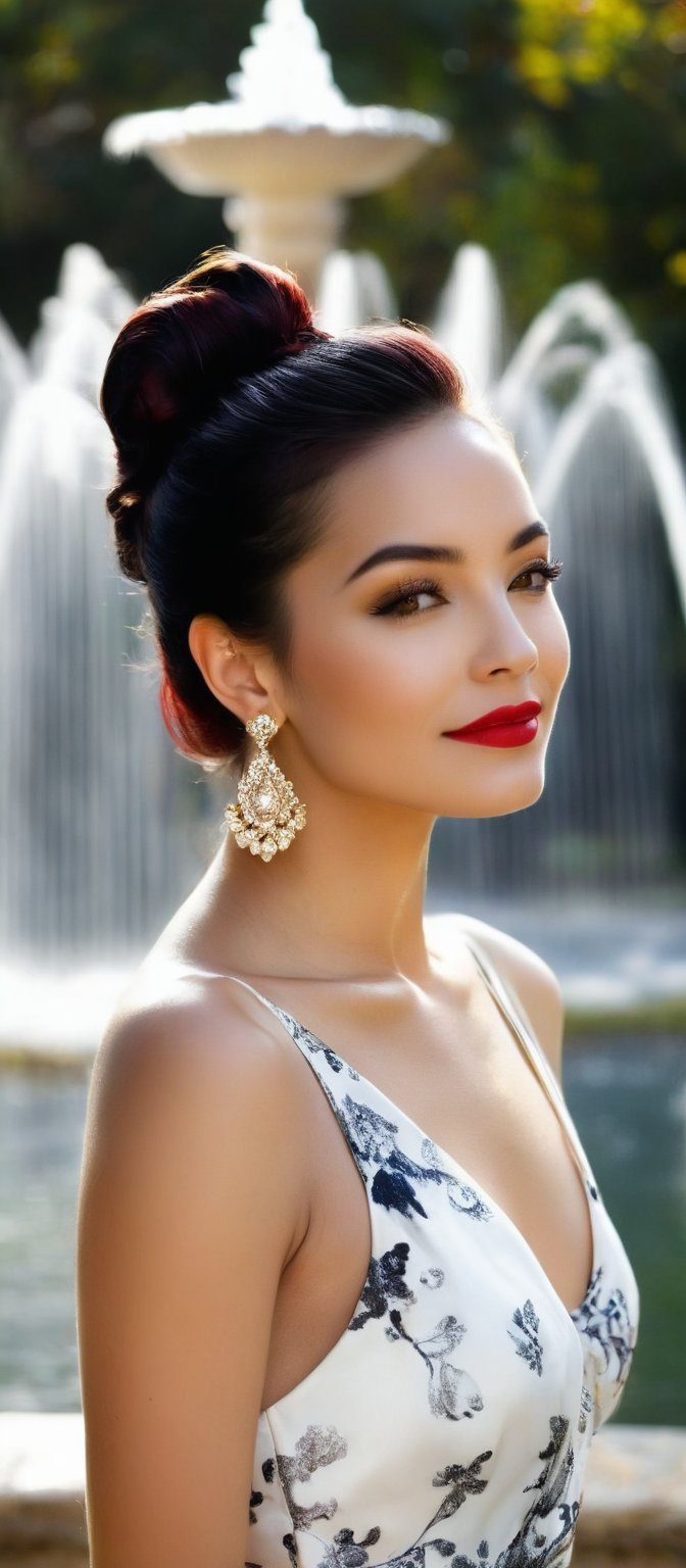 Generate hyper realistic image of a woman stands confidently in front of a large fountain. She is gazing at the viewer, smiling softly. Her outfit consists of a white sleeveless dress, patterned with black and yellow flowers. Her hair is styled into a sleek bob, and her lips are painted red, matching her deep red eyeshadow. She is standing in a seductive pose, her hair elegantly pulled back into a ponytail. She wears dangling earrings that add a touch of elegance. A few people are visible in the background.,hinaigirl