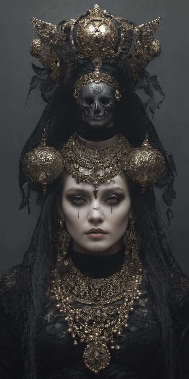 Generate hyper realistic image of a woman adorned with eerie accessories, carrying a vessel that captures the essence of souls, symbolizing her role as a collector of the departed in a grim and supernatural world.