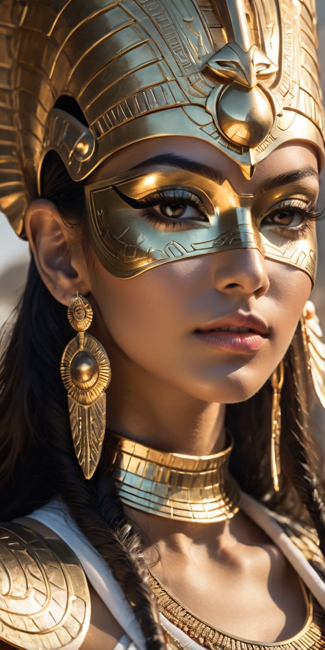 create a hyper realistic image of beautiful woman wearing  golden egyptian mask and attire, stunning and elegant, lost arc, up close , 8k, high detailed, sharp focus.,Extremely Realistic,Movie Still,Stylish,Man,Portrait,more detail XL,Sci-fi 