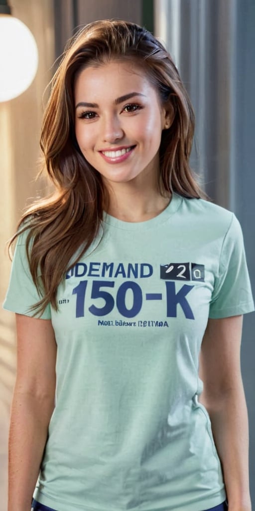 Generate hyper realistic image of a stunningly beautiful woman as she stands near the viewer, her captivating smile lighting up the scene, while proudly wearing a t-shirt that showcases the extraordinary achievement of '150k likes,' symbolizing her hard work and determination.