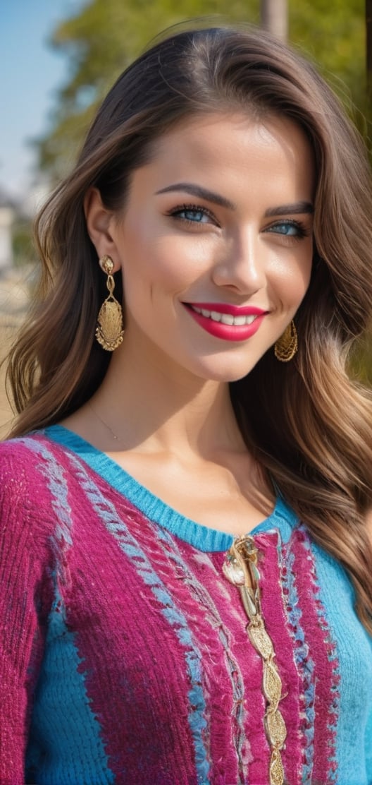 Create a beautiful spanish women, hourglass body shape, Brunette, pink lips, blue eyes, red knitted shirt, golden earrings,happy, smiling, background of amusment park.photo r3al,detailmaster2,aesthetic portrait