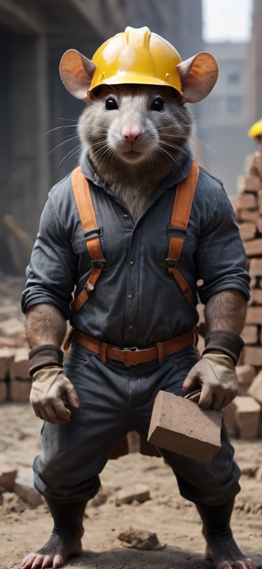  create a Bunch of rat with mens body.carrying bricks in construction site,athletic human body,  visible tails, wearing work safety outfit and helmet, , sharp focus,symetrical size . ,Movie Still,more detail XL