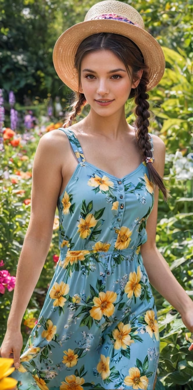 Generate hyper realistic image of a playful brunette with charming braided pigtails, a floral summer dress, and a sun hat, teasingly posing amidst vibrant flowers in a sunlit and colorful garden.up close