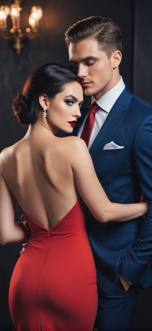  create a Beautiful women leaning to her lover with her back to his chest. women wearing elegant one piece long red dress, Raven black hair, blue eyes, bright red lipstick, high heels,men wearing luxury dark blue suit, golden watch, short hair, clean shave,.couple expresing romantic atmoshphere, dramatic lighting, background luxury party.,photo r3al,Movie Still,more detail XL,detailmaster2