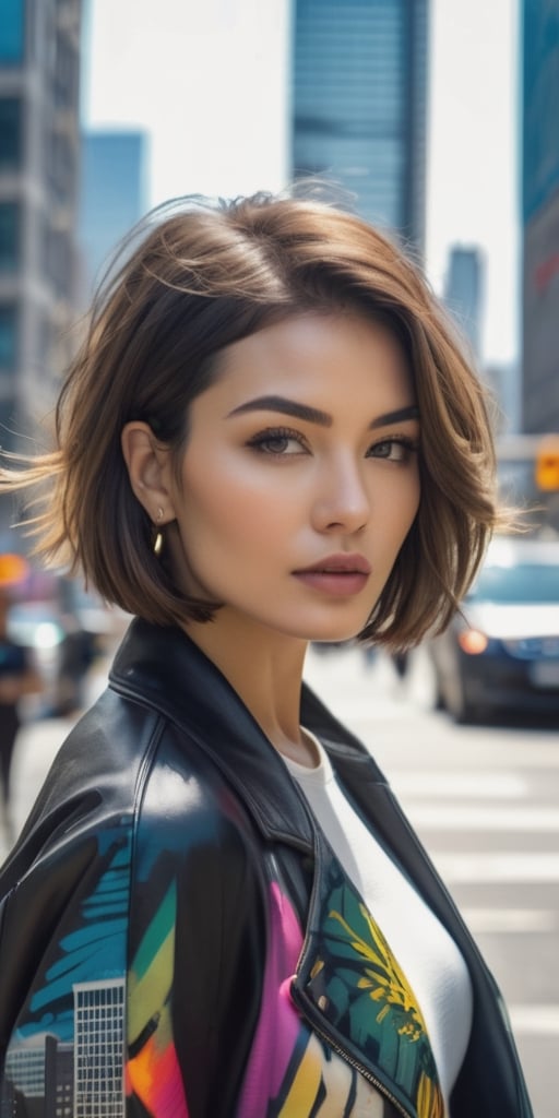 Generate hyper realistic image of a fashionable woman with a chic bob haircut, wearing modern urban attire, walking through a bustling cityscape with skyscrapers and vibrant street art, exuding confidence and contemporary style.photography style,Extremely Realistic,