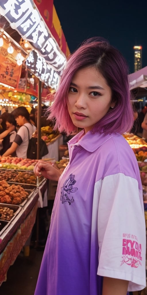 Generate hyper realistic image of a scene featuring a woman with a vibrant lavender ombre, dressed in edgy streetwear, exploring a lively night market filled with food stalls and cultural performances, blending urban style with diverse night-life experiences.Extremely Realistic, up close, 