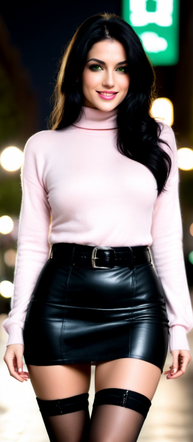 Generate hyper realistic image of a woman with long black hair looking at the viewer with seductive smile, as she walks down the street at night. She is dressed in a black leather skirt, thighhighs, and high heels. The city's blurry lights reflect off her green eyes and black lips. She has one arm at her side while her other hand is in her pocket. She wears a light pink turtleneck sweater with a black belt and garter straps, paired with brown ankle boots.