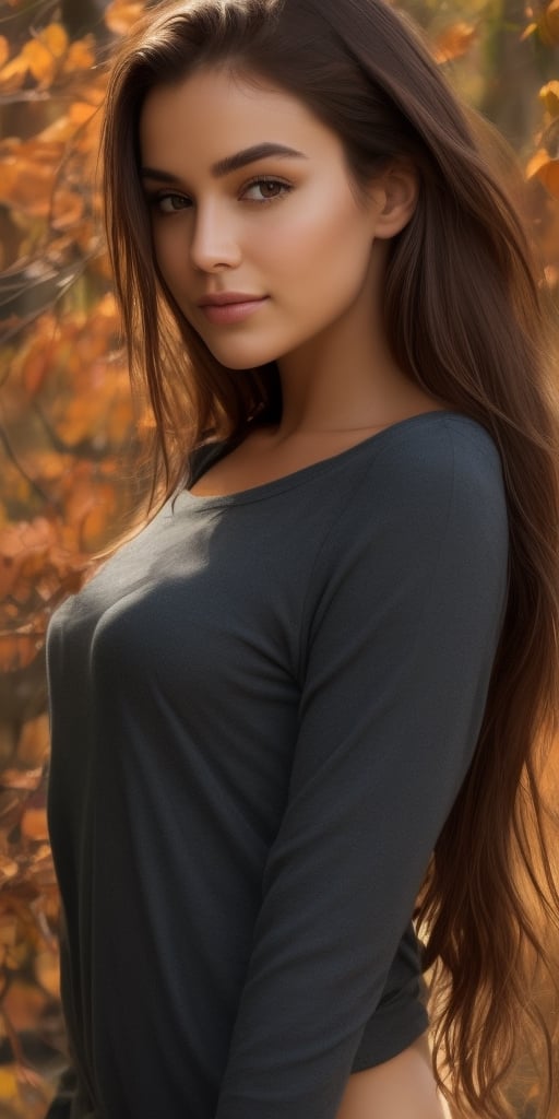 Generate hyper realistic image of a beautiful woman with long, brown hair cascading down, looking directly at the viewer with expressive brown eyes. She wears a long-sleeved top, accentuating her upper body, and her lips curve into a serene smile. In this realistic portrayal, a delicate leaf or plant adds a touch of nature, evoking the tranquil essence of autumn.