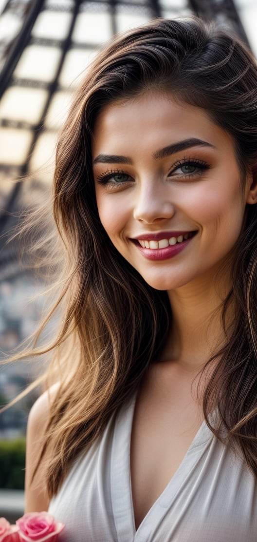 create a beautiful woman holding bouquet of roses, red long hairs , grey eyes , black lips, hourglass body, natural breast, she is looking at roses with bright smile,happy exciting,french beauty, age 18, model, beground of eiffel tower.,photo of perfecteyes eyes,leonardo