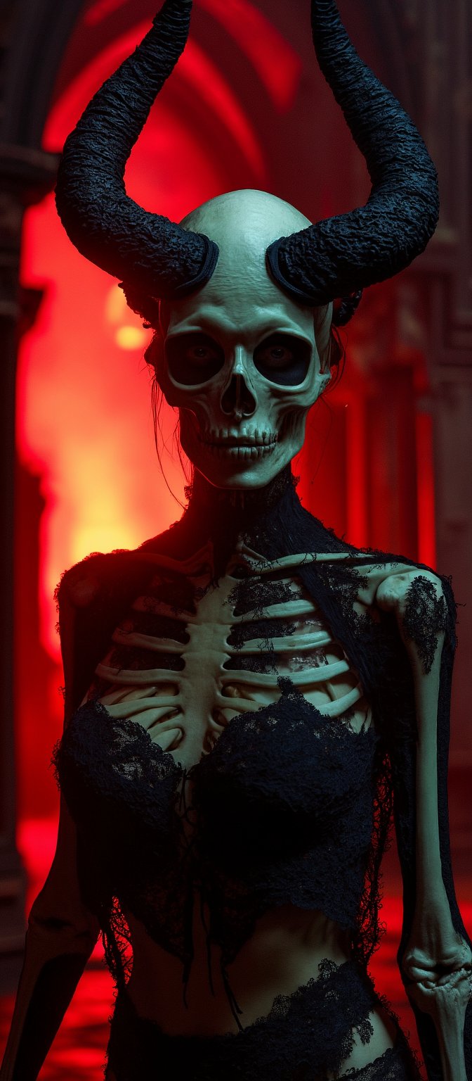 Generate hyper realistic image of a female with dark, curvy and sinister figure, blending elements of horror and gothic fantasy. The woman's head is largely skeletal, with a detailed and prominent skull serving as a mask. On top of the skull, there are massive, twisted horns. These horns are black and jagged, curving upward. The woman's body is partly exposed, but draped in intricate black lace and armor-like adornments. Bone-like details are incorporated into the armor around the chest, further emphasizing death and decay. The image is bathed in dark red light, giving it a hellish atmosphere. The red glow emanates from behind and around the character, creating dramatic shadows and highlighting the figure’s skeletal features. The background is dimly lit and blurred  a gothic temple.