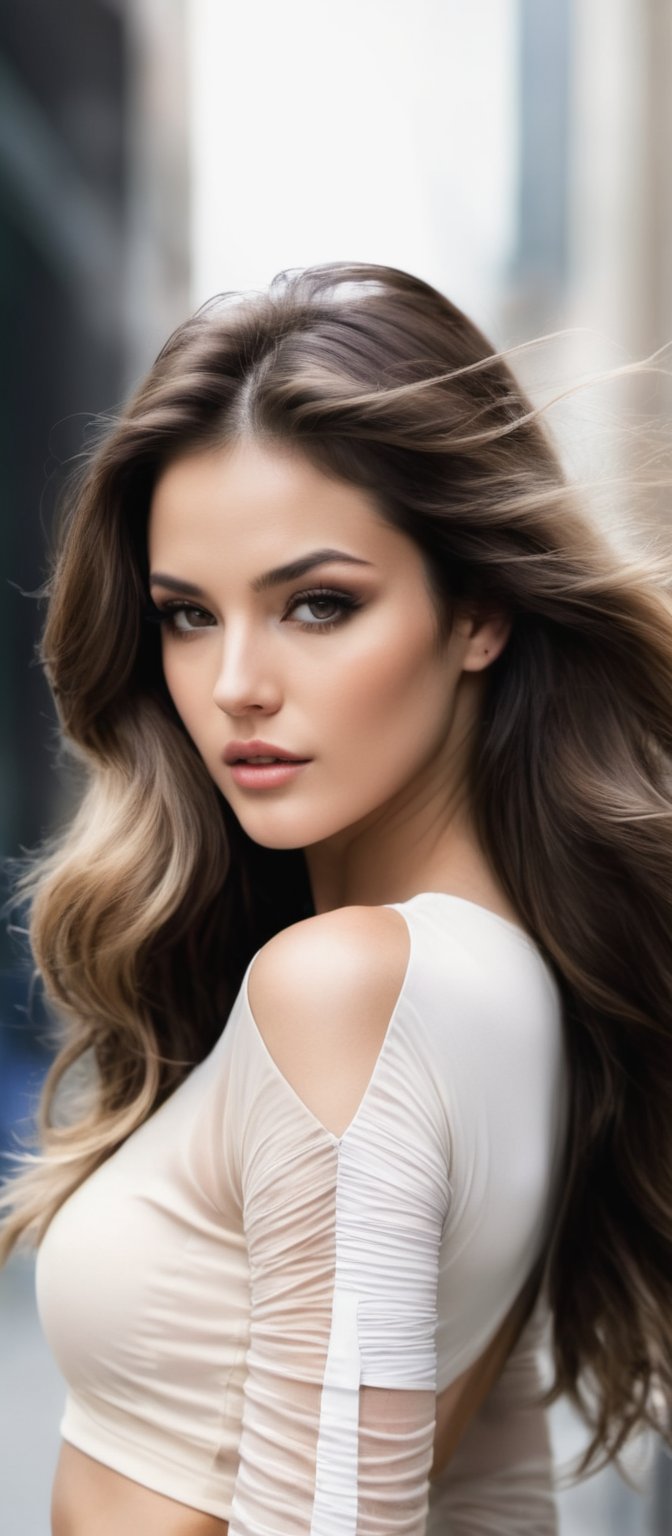 Generate hyper realistic image of a woman with a striking and provocative appearance. She has long, voluminous brown hair with loose waves. The hair is parted slightly off-center, framing her face and giving her a soft, natural look. She has a delicate and youthful face with subtle makeup. Her eyes are slightly downcast, giving her a serene expression. She is wearing a cropped white long-sleeve top with a unique design. The top has a cut-out detail in the middle, held together by thin, criss-crossing strings. he is wearing a high-waisted, pleated beige mini-skirt. The skirt is short. She has on a pair of strappy, nude-colored heels that wrap around her ankles. 