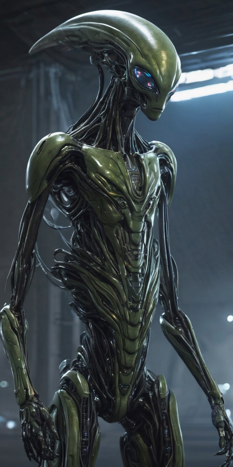 Generate hyper realistic image of an alien sentinel capable of shaping and manipulating energy, using its powers to protect the denizens of a futuristic world from imminent threats.