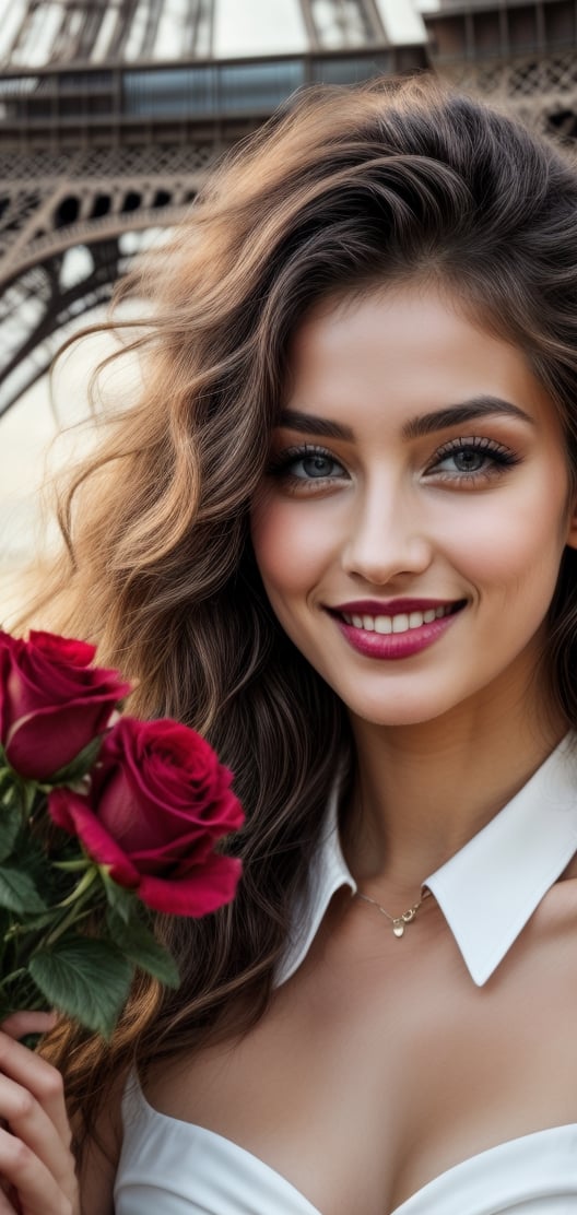 create a beautiful woman holding bouquet of roses, red long hairs , grey eyes , black lips, hourglass body, natural breast, she is looking at roses with bright smile,happy exciting,french beauty, age 18, model, beground of eiffel tower.,photo of perfecteyes eyes,leonardo