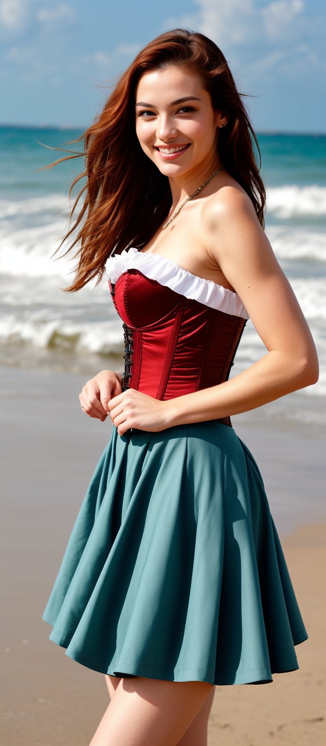 Generate hyper realistic image of lovely woman on a sandy beach, gazing at the viewer with a gentle smile. Her flowing red hair cascades in long, wavy layers over her shoulders. She is dressed in a corset-style dress with a white skirt decorated with red flowers and green leaves, highlighted by an orange corset and a red scarf. The beach setting, with waves crashing softly on one side, enhances the tranquil atmosphere, and her hair frames her face elegantly.