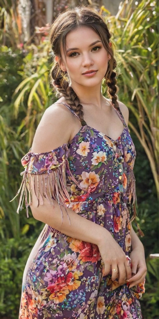 Generate hyper realistic image of a playful brunette with charming braided pigtails, a sun-kissed complexion, and dressed in a boho floral maxi dress with fringe accessories. She teasingly poses amidst vibrant flowers in a sunlit and colorful garden.. up close