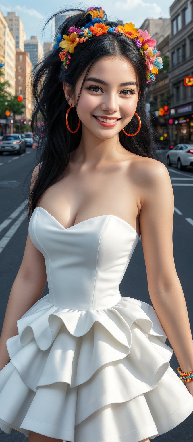 Generate hyper realistic image of a woman with long, black hair styled in voluminous waves. She has a colorful floral headband. Her hair is tied into two high ponytails. She is wearing a strapless white dress with a tiered skirt that gives a flowing and layered effect. The dress has black accents along the neckline and straps, adding a contrast to the bright white fabric. She is adorned with large, colorful hoop earrings and several rings on her fingers. Her expression is innocent, with wide eyes. Her gentle smile adds to her beauty. The background features a bustling city scene with cars and buildings.