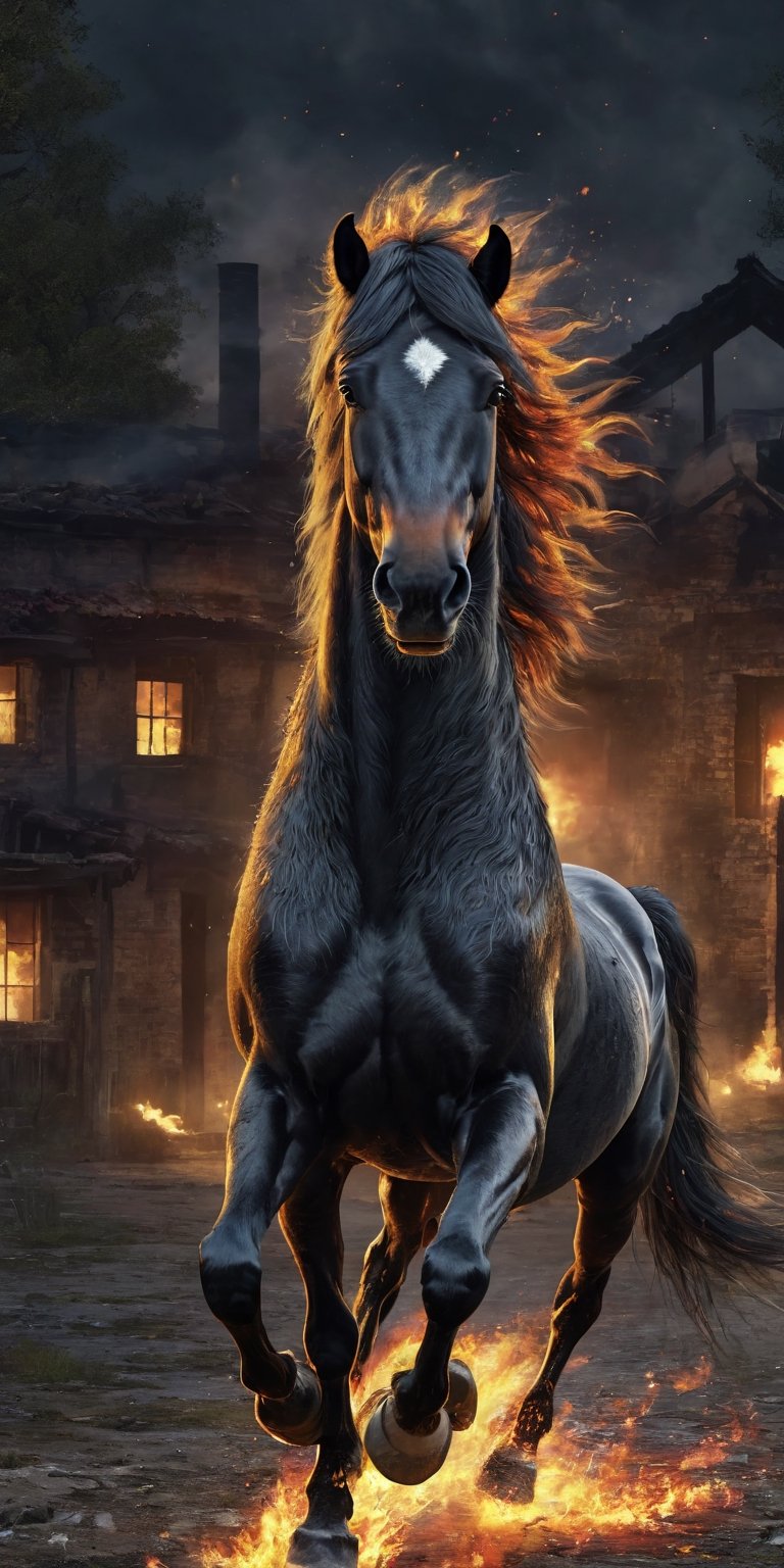 create a hyper realistic image of black horse with flaming mane running through abandoned village, dark night, , mighty and proud, strong and fiercy. high_resolution, highly detailed, sharp focus.8k,More Detail,monster,flmngprsn