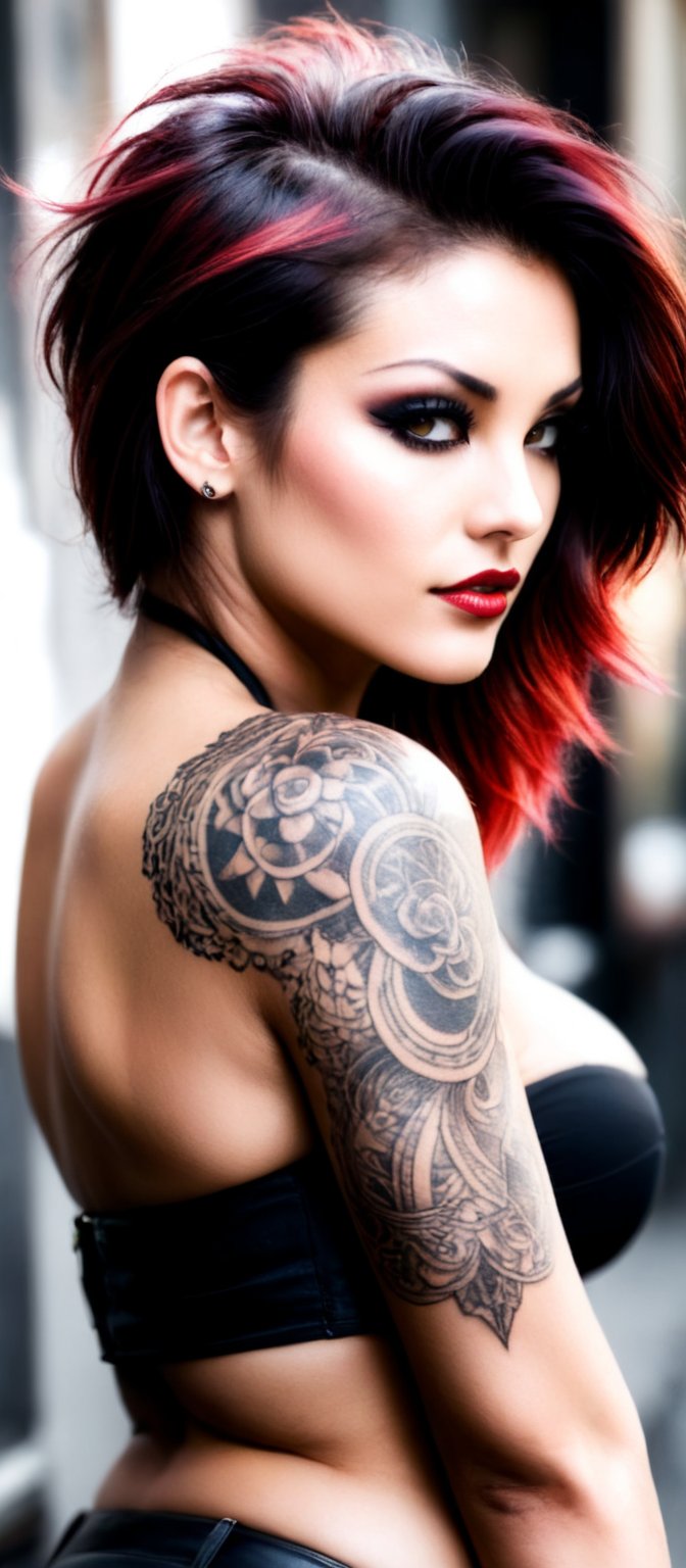 Generate hyper realistic image of a woman with a striking appearance. The woman is turned slightly to the side, giving a profile view that highlights the intricate details of her tattoo. Her expression is neutral, yet there is a hint of intensity in her gaze. Her hair is styled in a modern way, with a mix of black and red strands. The hair is tousled and has a slight windblown effect.  Her eyes are accentuated with dark eyeliner and eyeshadow, while her lips have a natural, glossy look. he is dressed in a strapless outfit, revealing her shoulders and the upper part of her chest. The outfit is made of a sleek, leather material. Her tattoo covers her shoulder and extends down her arm. The tattoo is a detailed and intricate demon design. The background is dark, with a focus on the woman illuminated by soft lighting. This lighting highlights the details of her tattoo and her facial features.