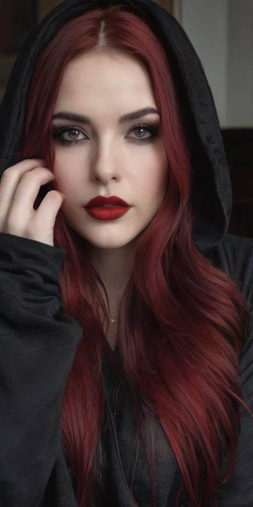 Generate hyper realistic image of a beautiful woman with dark red, lustrous hair cascading down, wearing a black oversized hoodie. Her long hair partially covers her face as she looks shyly at the viewer. Adorned in gothic makeup with big red lips and a pale complexion, she exudes a teasing smile inside a dimly lit bedroom. The contrast between the cozy oversized hoodie and the gothic allure adds a unique charm to the scene.