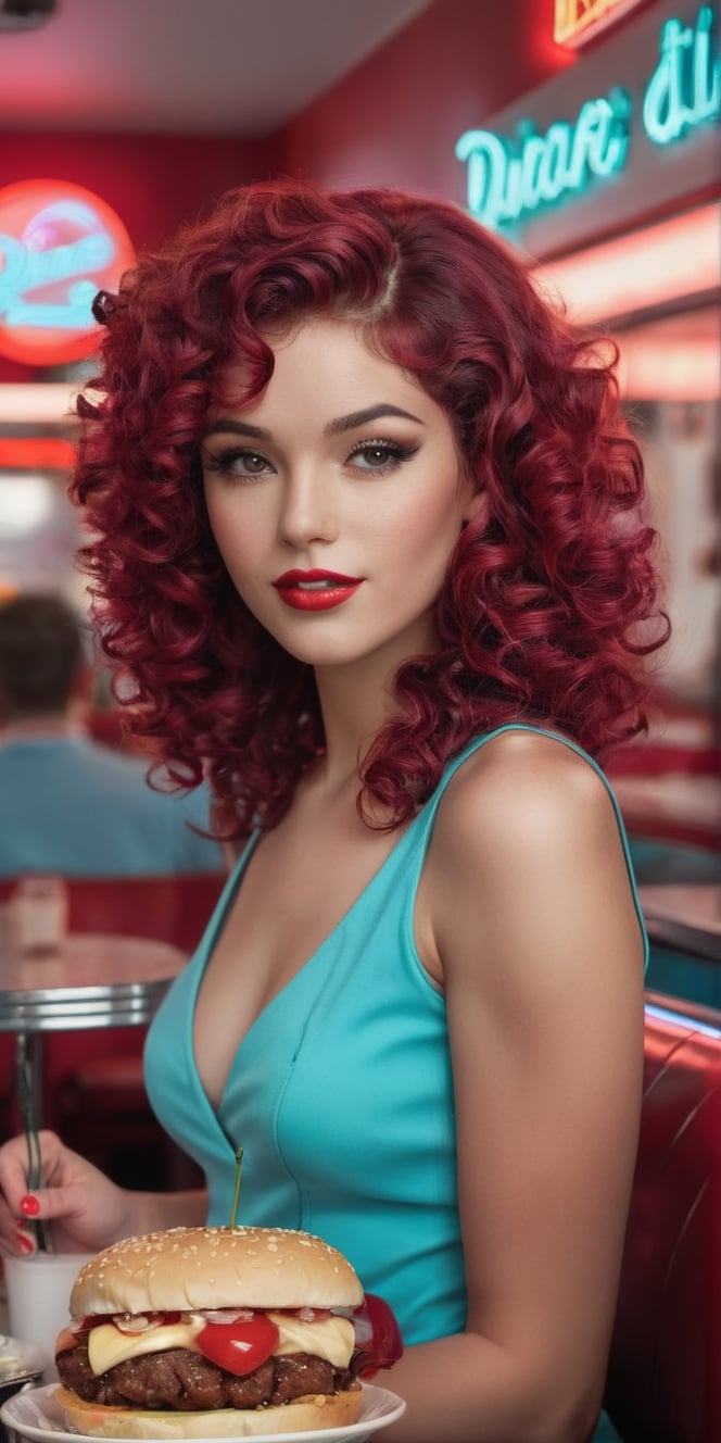 Generate hyper realistic image of a woman with cherry-cola-colored curls, relishing a delightful meal at a retro diner. Emphasize the nostalgic charm with neon signs, vinyl booths, and classic diner aesthetics.